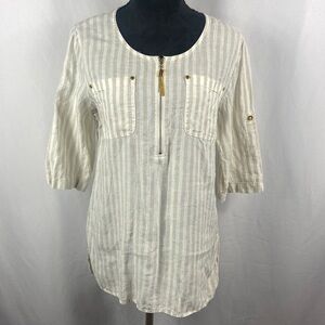 Ellen Tracy Linen Pop Over Roll Tab Tunic in Cream/Tan